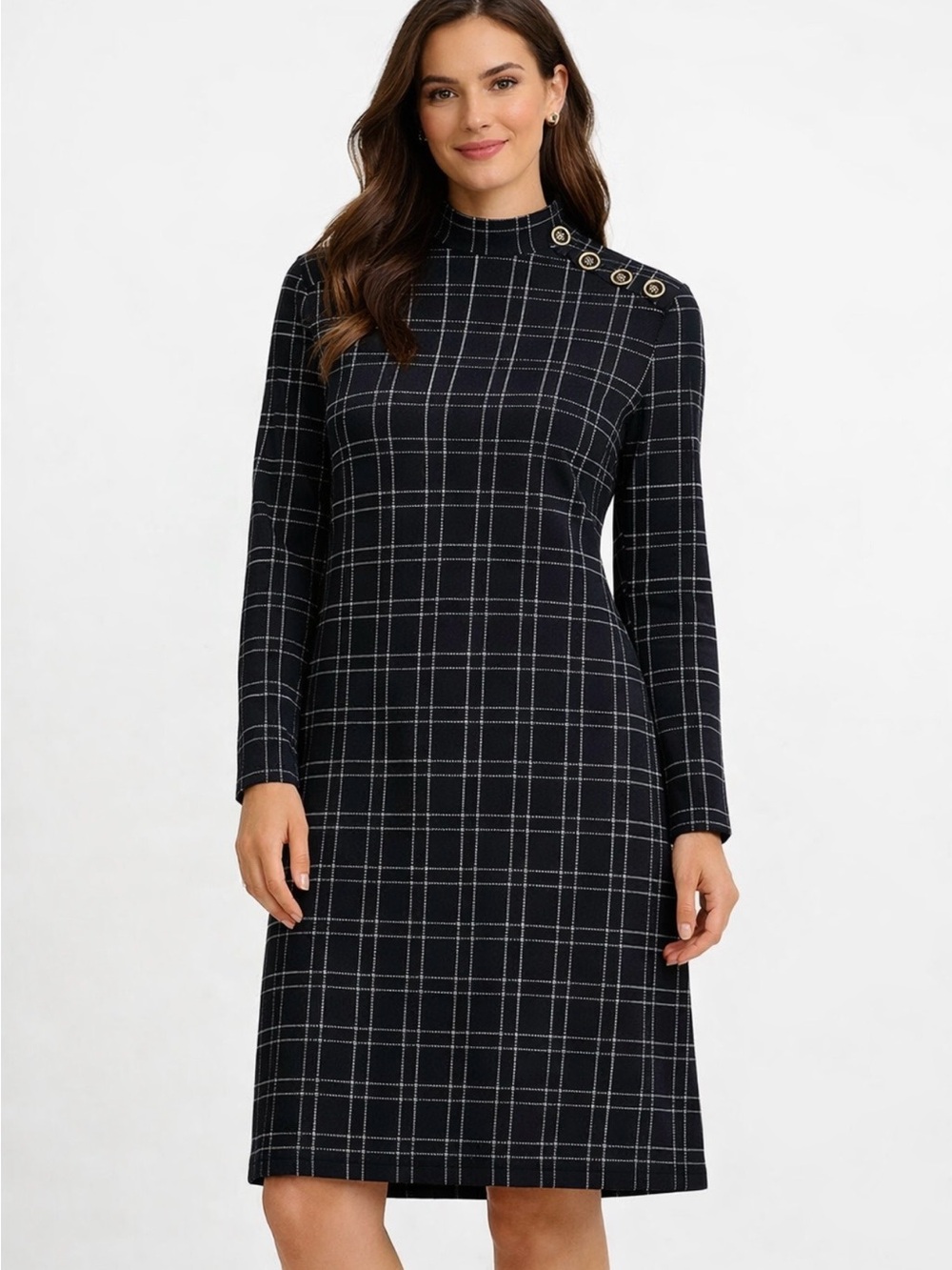 J.McLaughlin Women’s Black White Grid Long Sleeve Dress Button Shoulder Size S